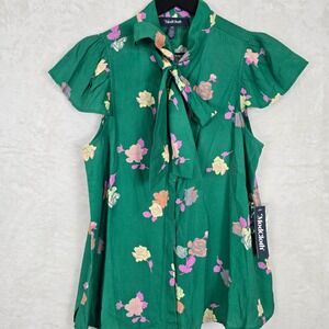 ModCloth Anthropologie Green Floral Tie Neck Flutter Sleeve Blouse XS NWT